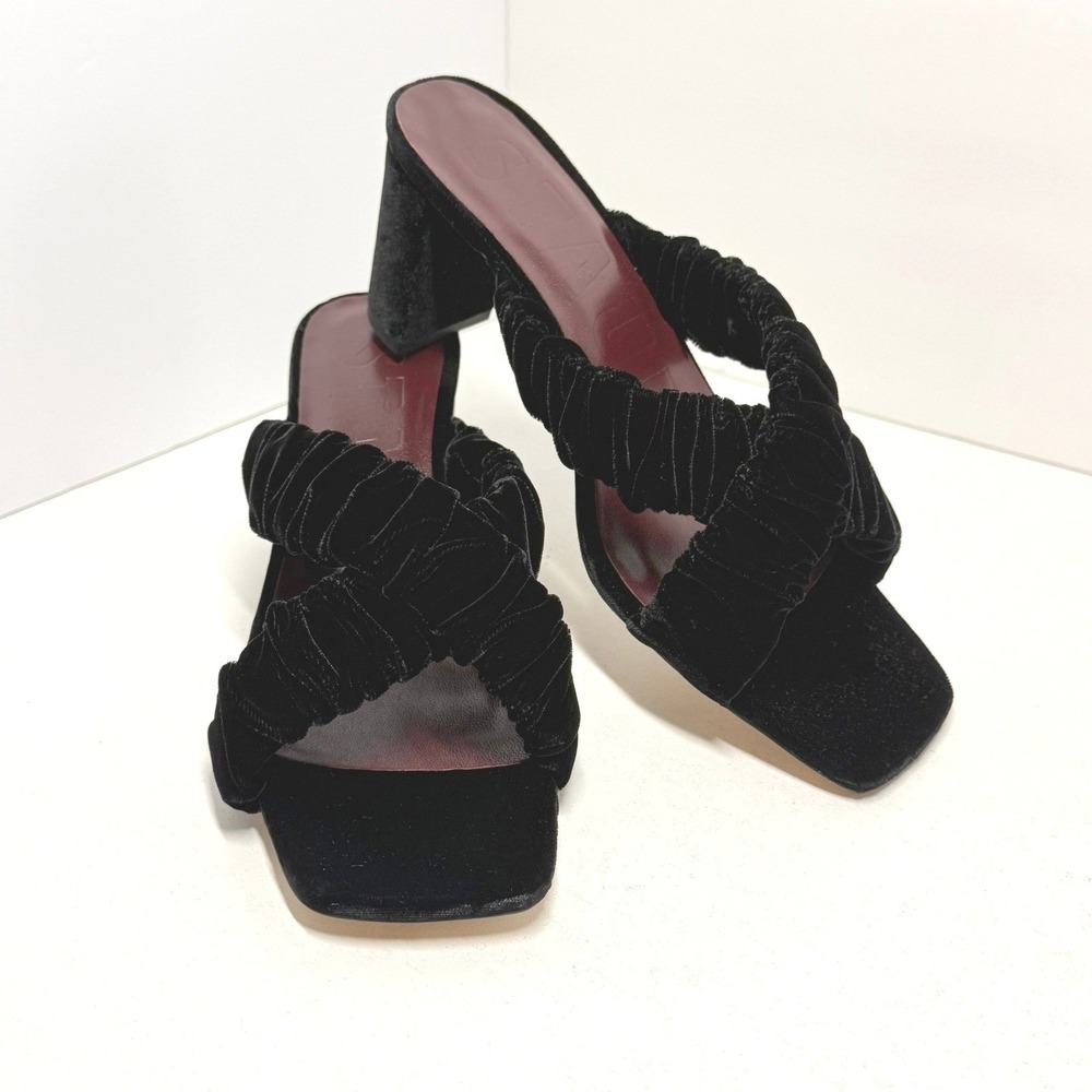 STAUD Frankie Criss Cross Black Velvet Ruched Square Toe Heel Mules Sandals 37.5